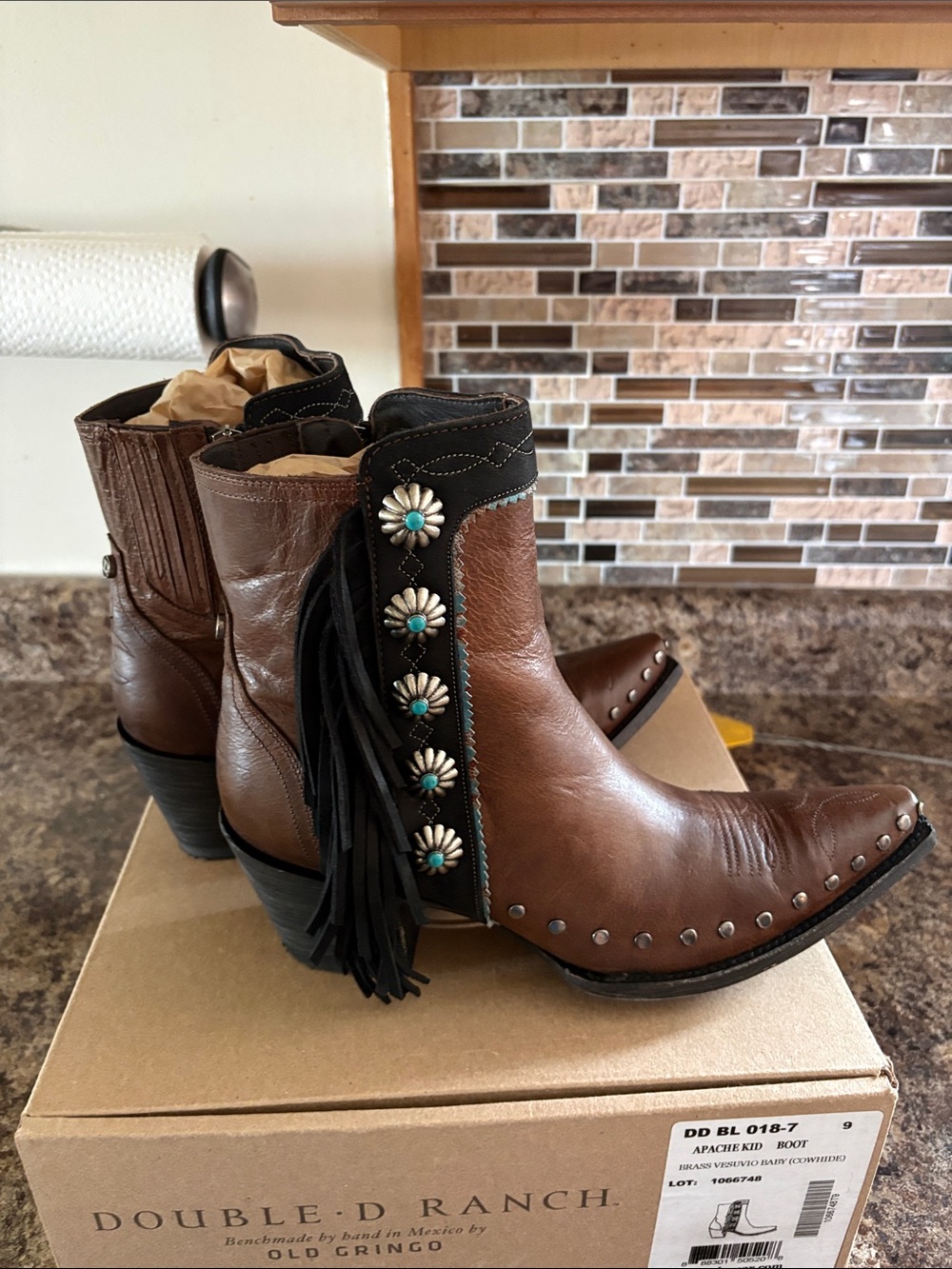 Double D Ranch Apache Kid Leather Ankle Boots with Turquoise Concho Accents